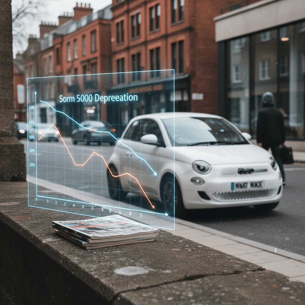 Stylized line chart showing the Fiat 500e depreciation curve declining quickly in the first few years and then flattening out next to a city street scene.