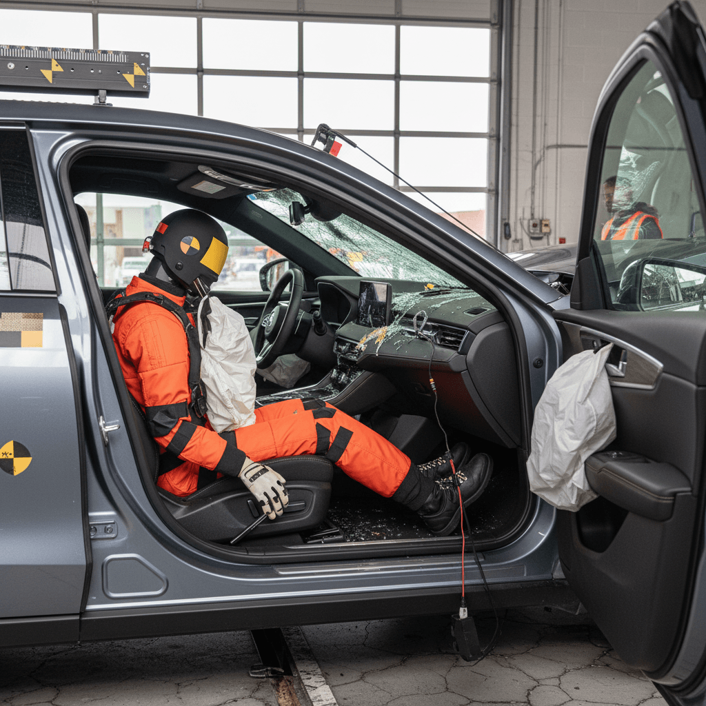 Crash-test dummy seated in a modern electric SUV as the front end impacts a barrier