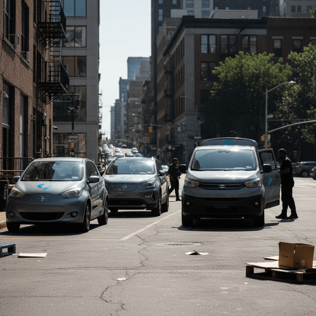 Three different electric delivery vehicles, a compact hatchback, small SUV, and electric van, parked at a loading zone with packages being loaded and unloaded.