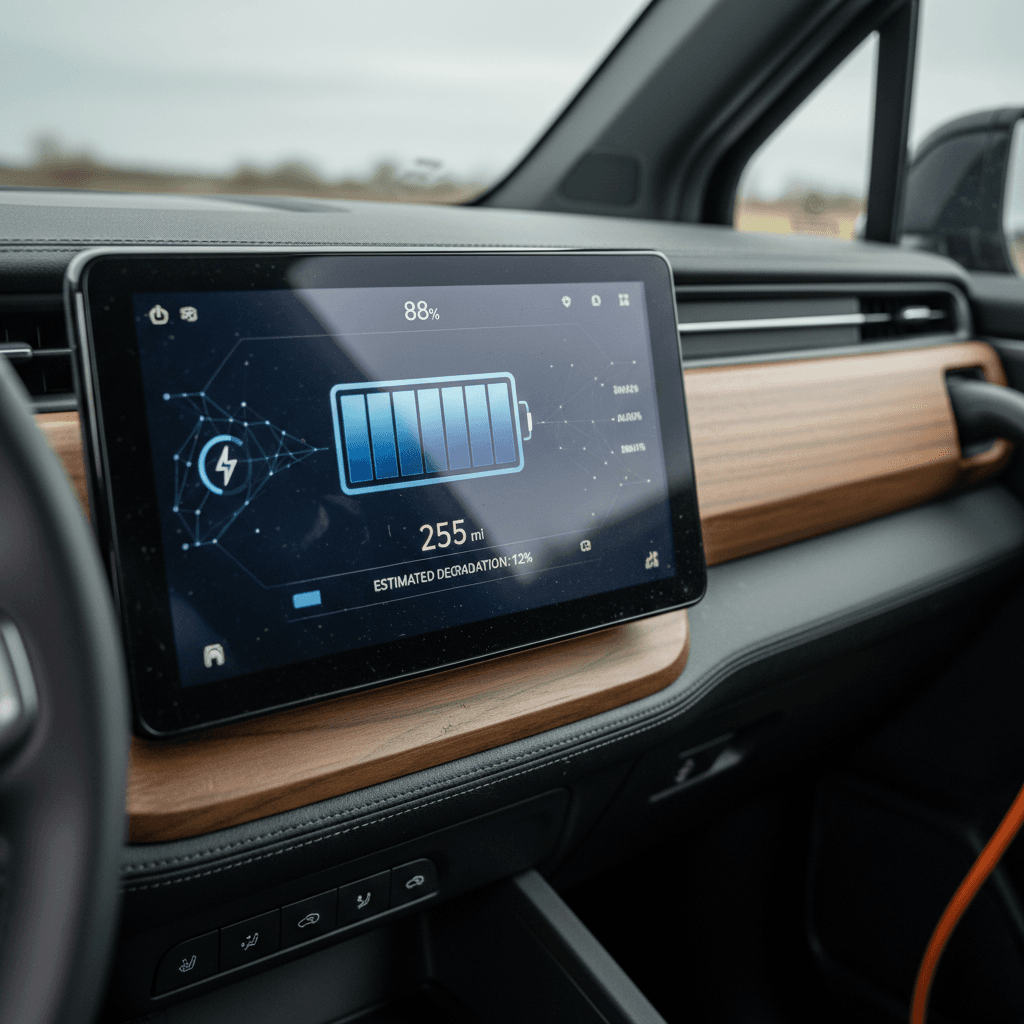 Rivian R1T infotainment screen showing battery state of charge and estimated range while charging