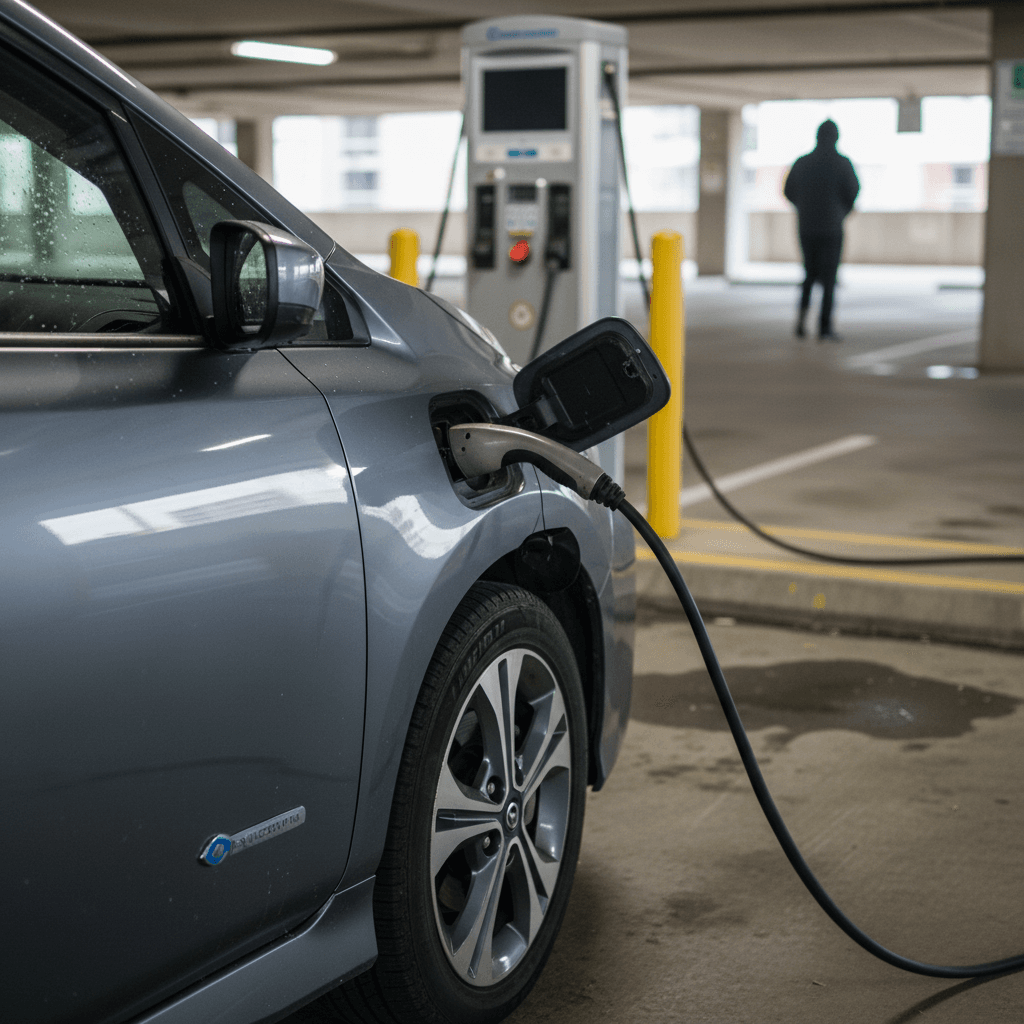 Used electric sedan parked in a driveway and plugged into a home EV charger