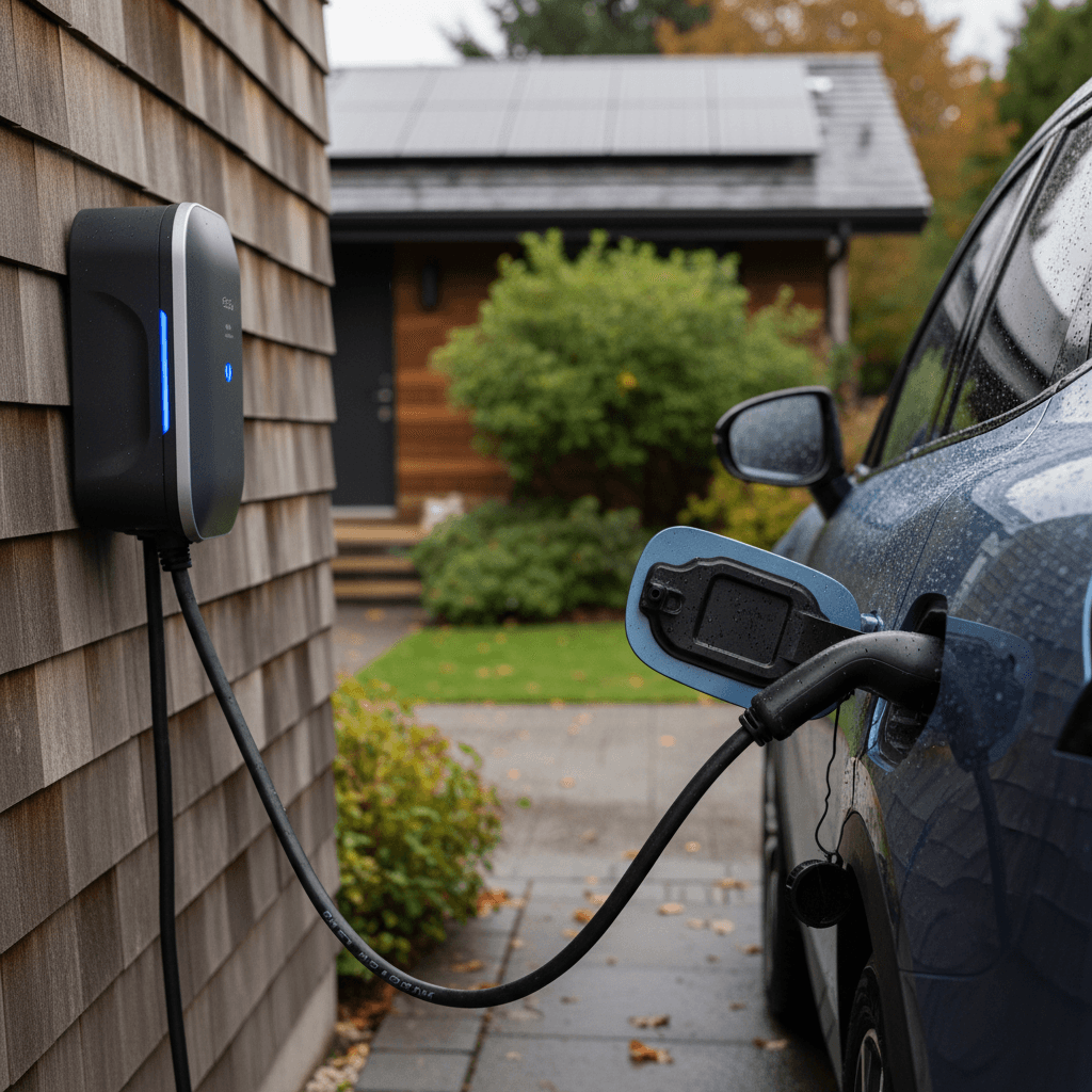 Wall‑mounted Level 2 EV charger installed in a tidy home garage
