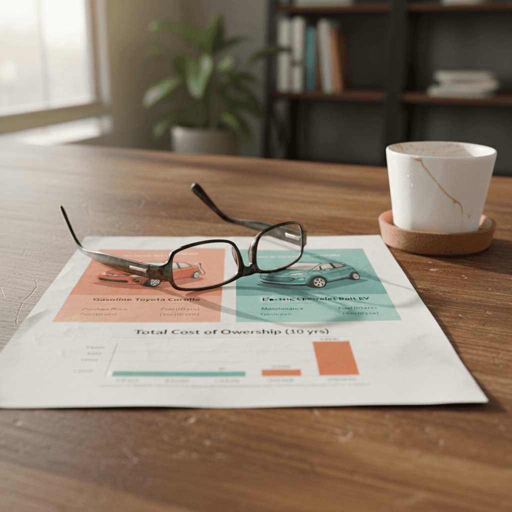 Side-by-side bar chart comparing annual fuel cost of a Toyota Corolla versus electricity cost of a Chevrolet Bolt EV at typical U.S. prices