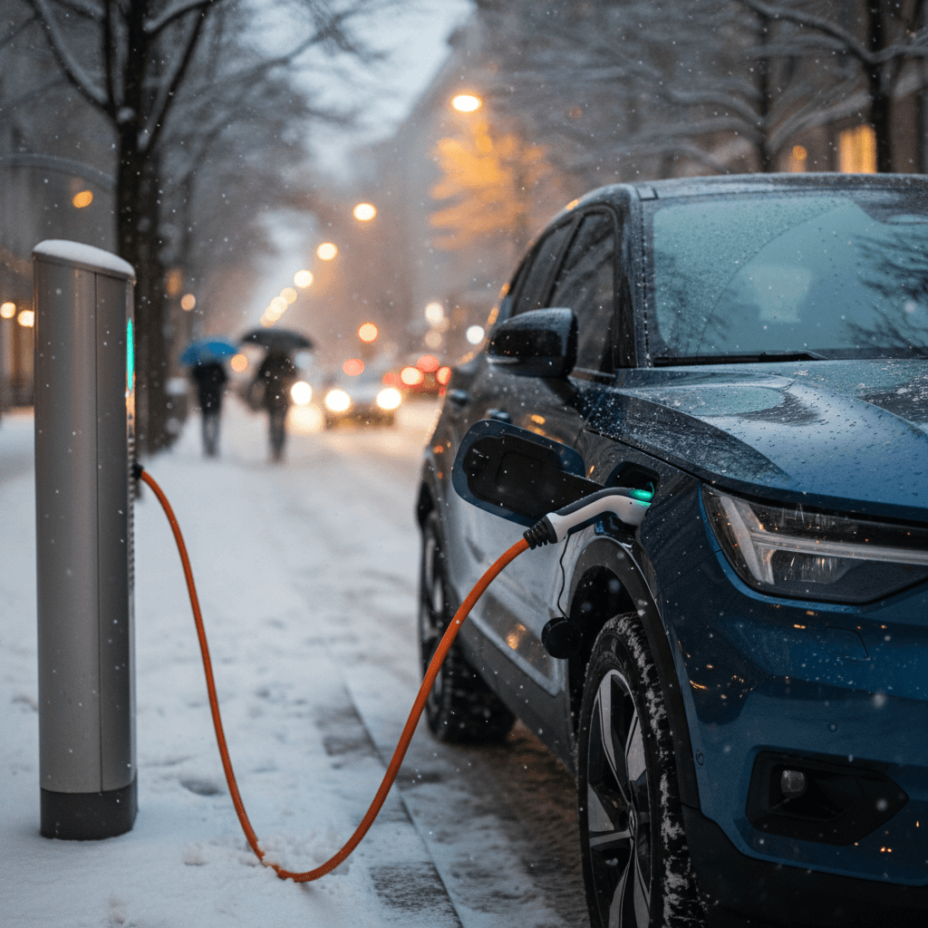 Volvo EX30 charging at a public station on a snowy city street at dusk
