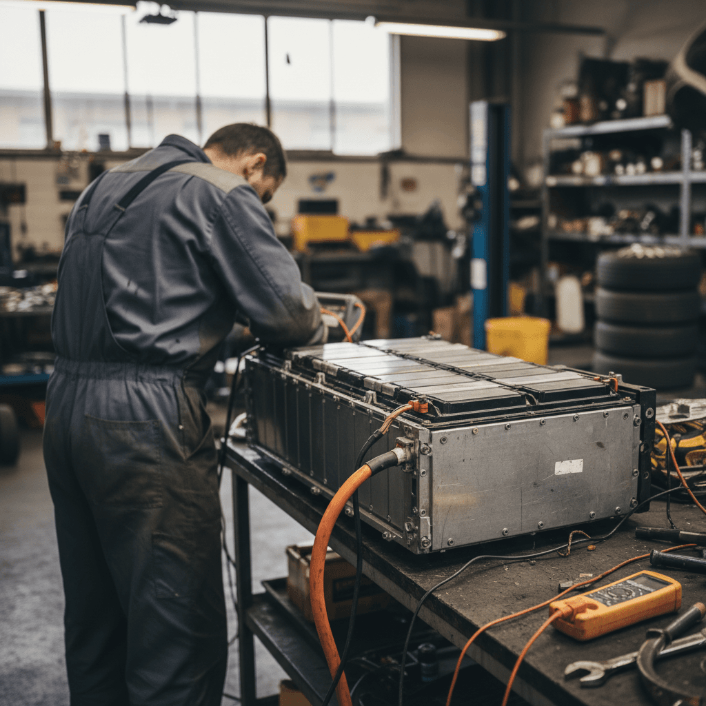 EV mechanic inspecting the battery pack of an electric car on a lift in a workshop