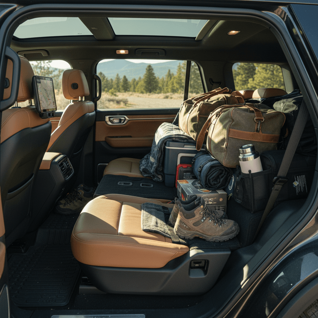 Rivian R1S interior with three rows up and family road-trip cargo stacked behind the third row
