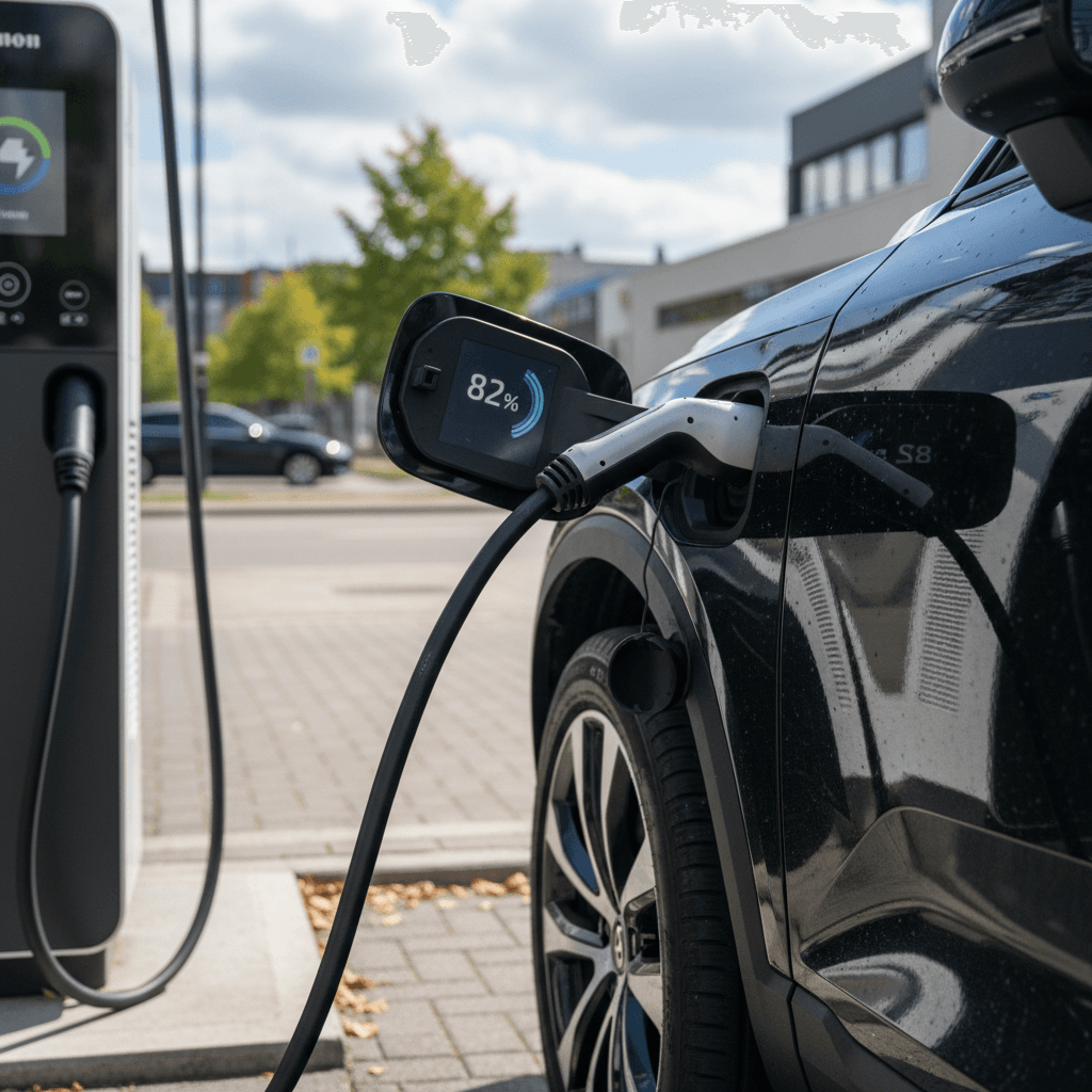Audi Q4 e-tron digital instrument cluster showing state of charge and estimated remaining range while cruising on the highway
