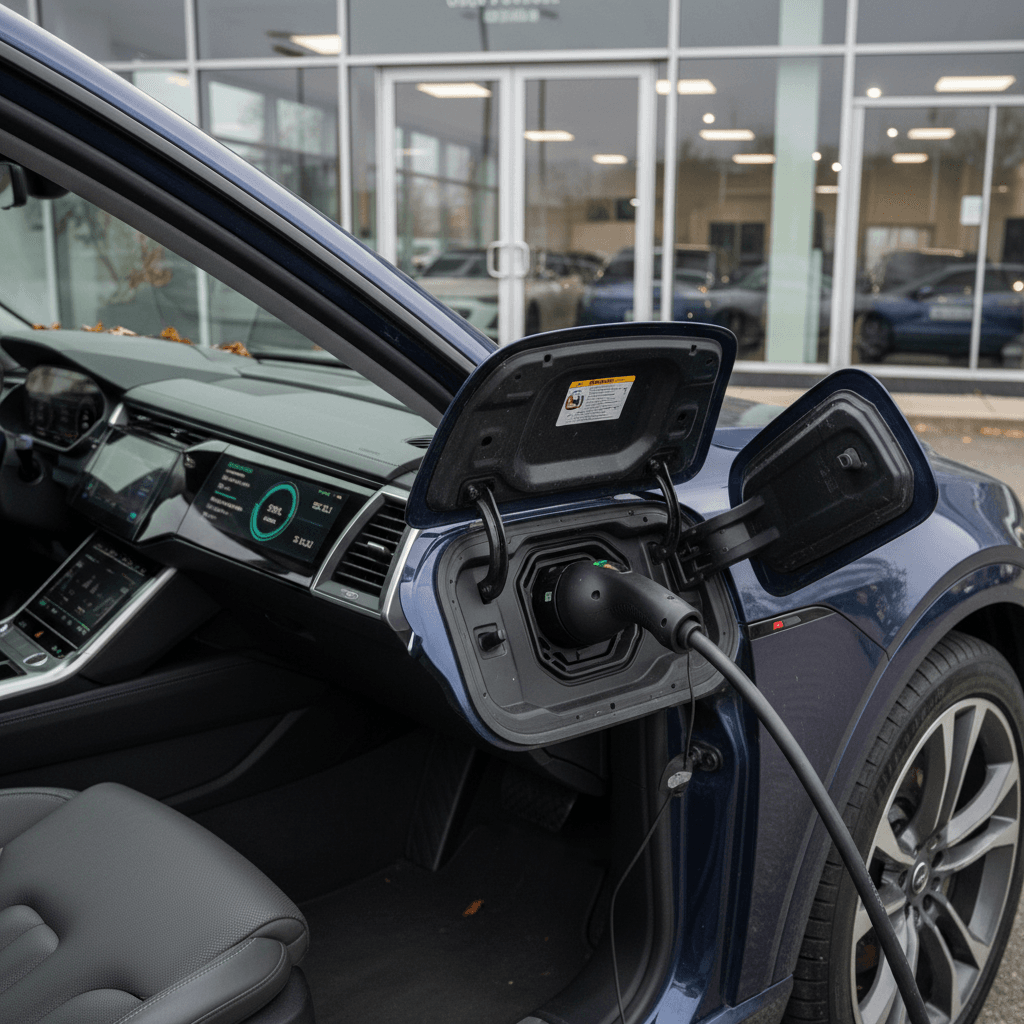 Audi Q8 e-tron plugged into a home charger with clean, detailed exterior and interior