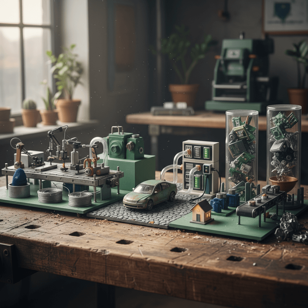 Simplified lifecycle diagram of an electric vehicle battery moving from manufacturing to use, then to second-life storage and finally recycling