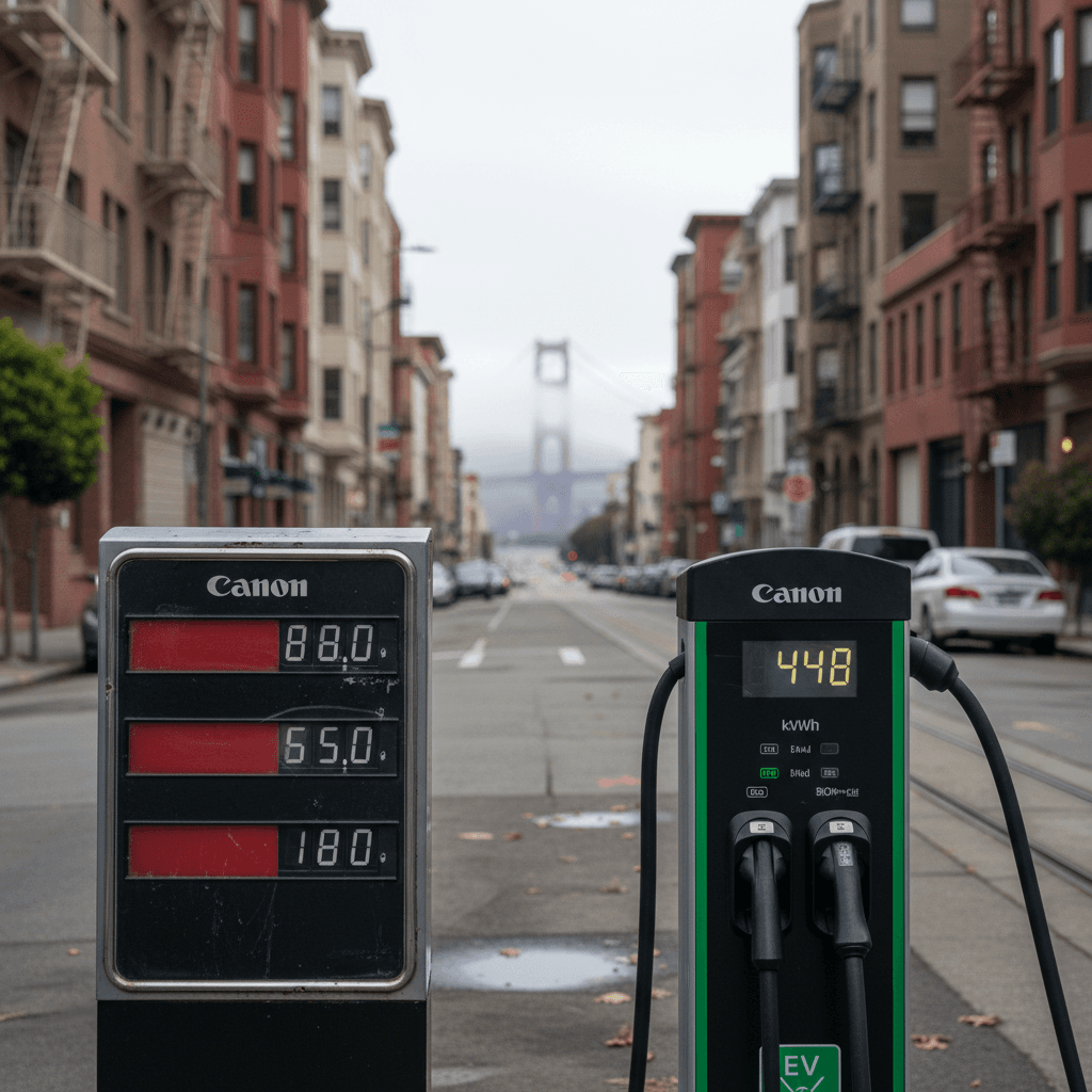 Side-by-side comparison of a gas pump price sign and an EV charging station price per kWh in a San Francisco streetscape
