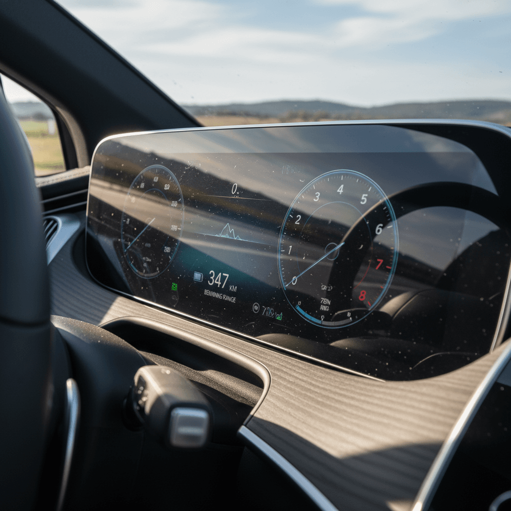 Mercedes EQS digital instrument cluster showing state of charge, remaining range, and highway speed