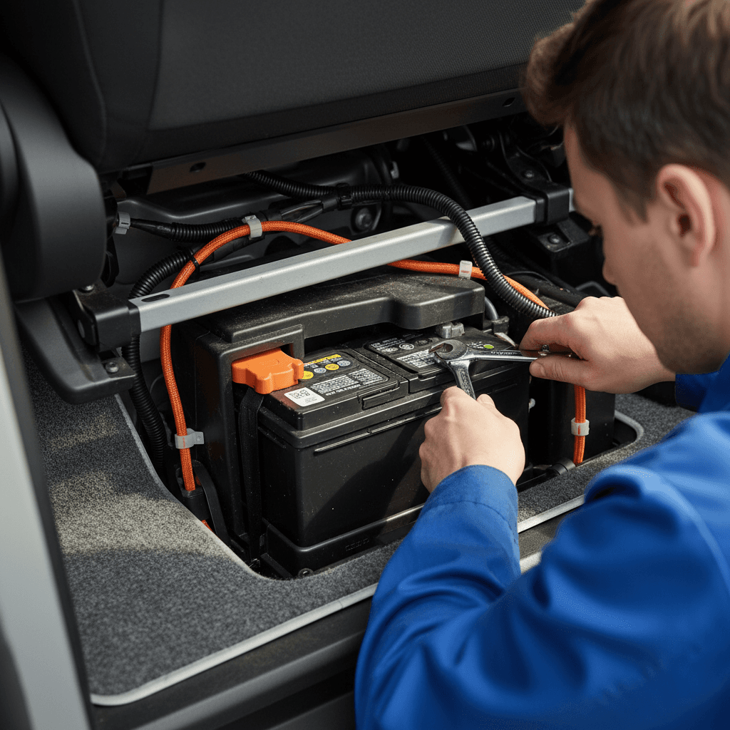 Technician accessing the 12V battery under the driver’s seat of a Volkswagen ID. Buzz