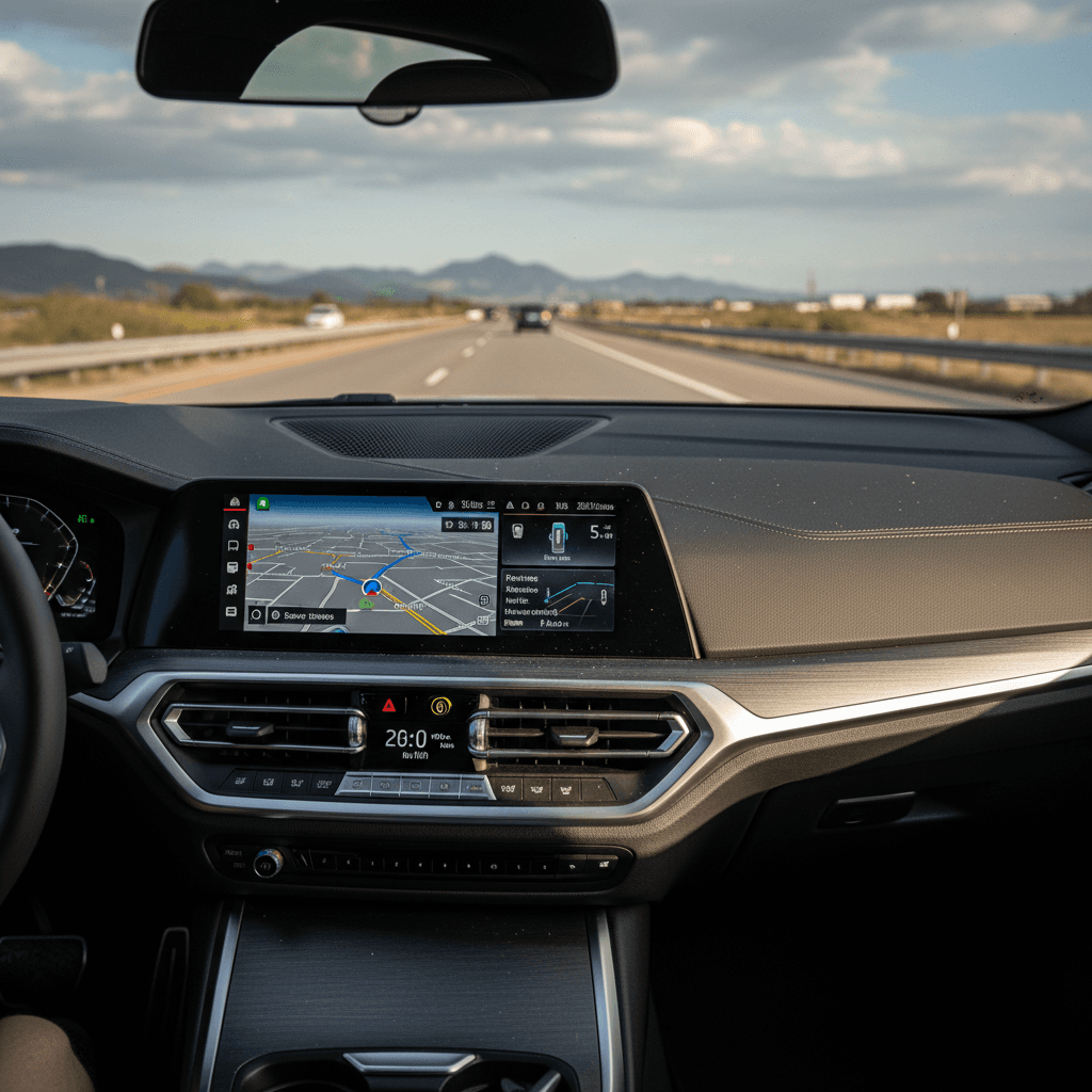 Driver’s view inside a BMW i4 showing navigation with charging stops and energy consumption display during a highway road trip