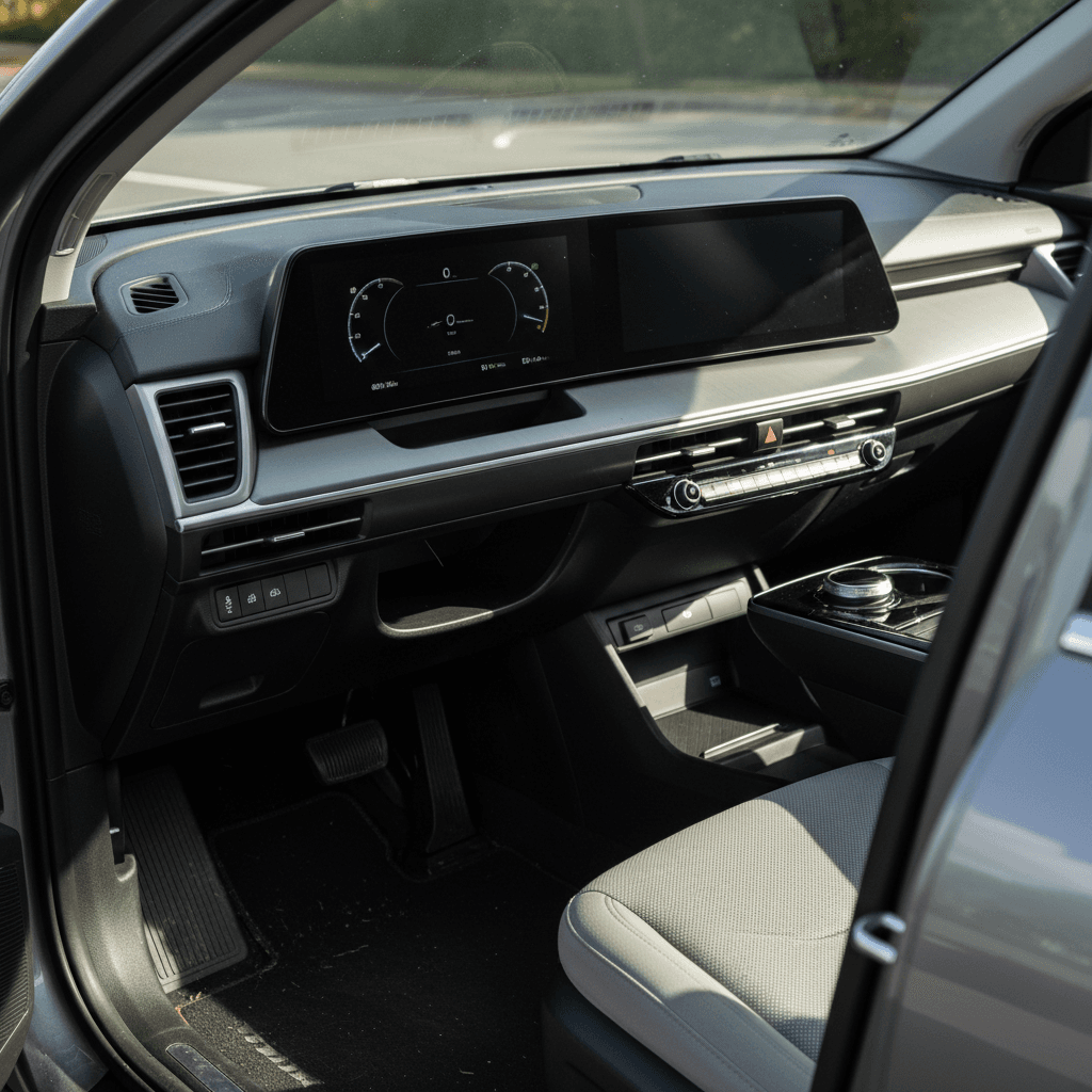 Driver-focused interior of a Kia EV6 showing dual screens, flat floor, and modern dashboard compared to a traditional SUV