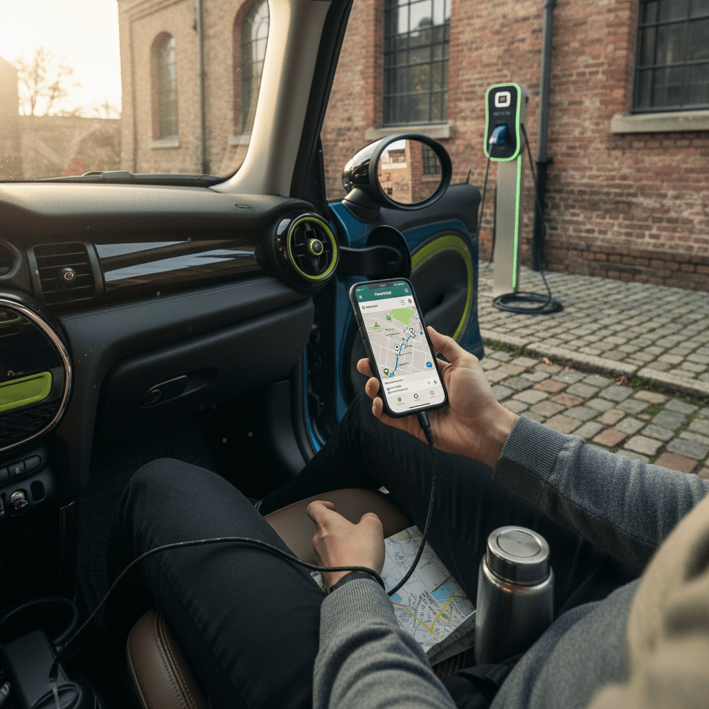 Mini Cooper SE parked at a DC fast charger while the driver checks a charging app on their phone