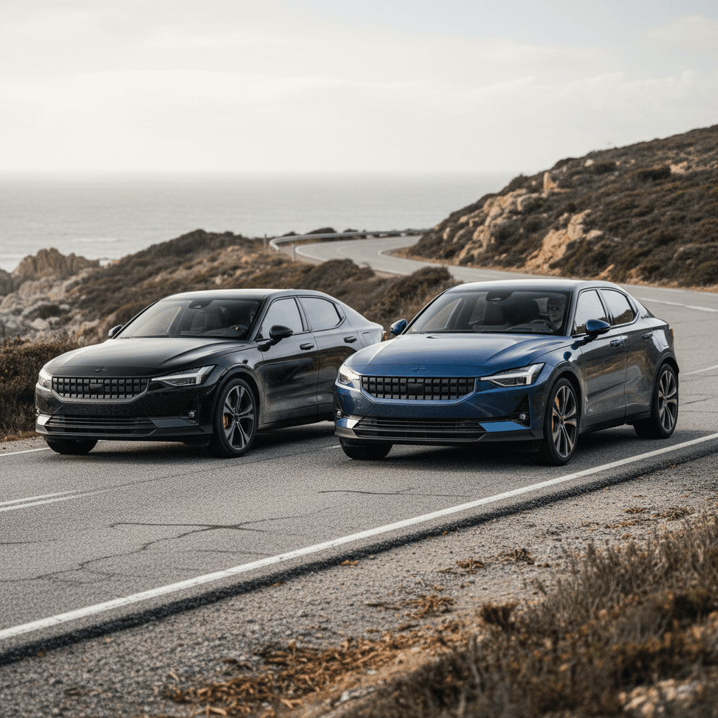 Two Polestar 2 hatchbacks, a single motor and a dual motor, driving side by side on an open road