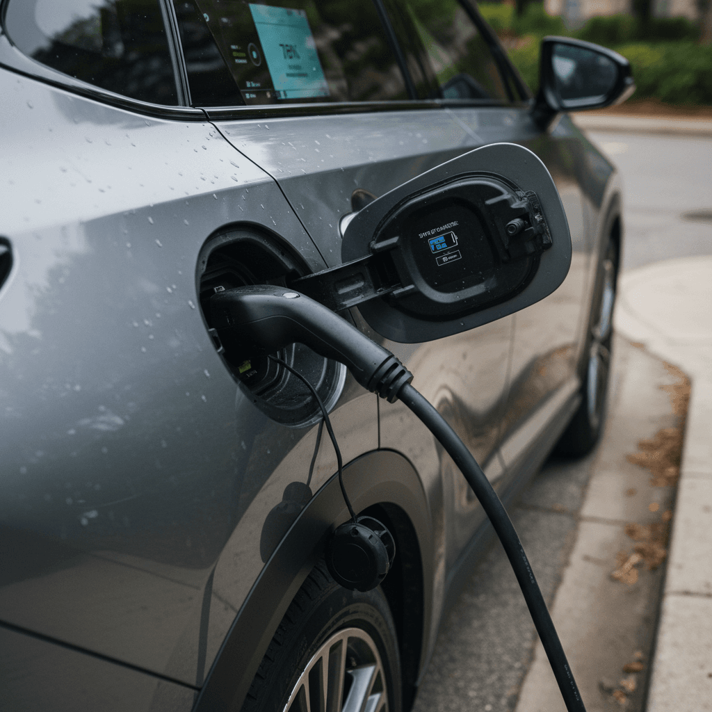 Lexus RZ 450e plugged into a fast charger with state of charge and remaining range displayed on the infotainment screen