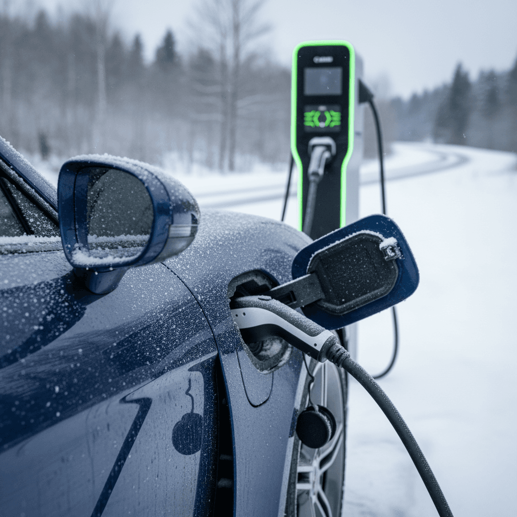 Porsche Taycan plugged into a fast charger on a snowy winter day with frost on the bodywork