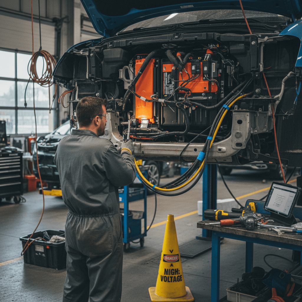 Customer speaking with an advisor at a clean, modern auto body shop front office