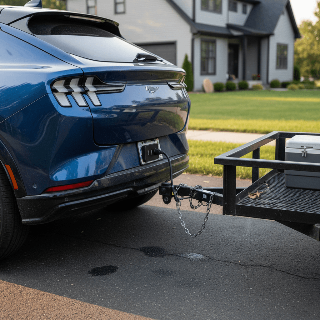 Ford Mustang Mach‑E with small utility trailer on an aftermarket hitch in a driveway, illustrating light towing use