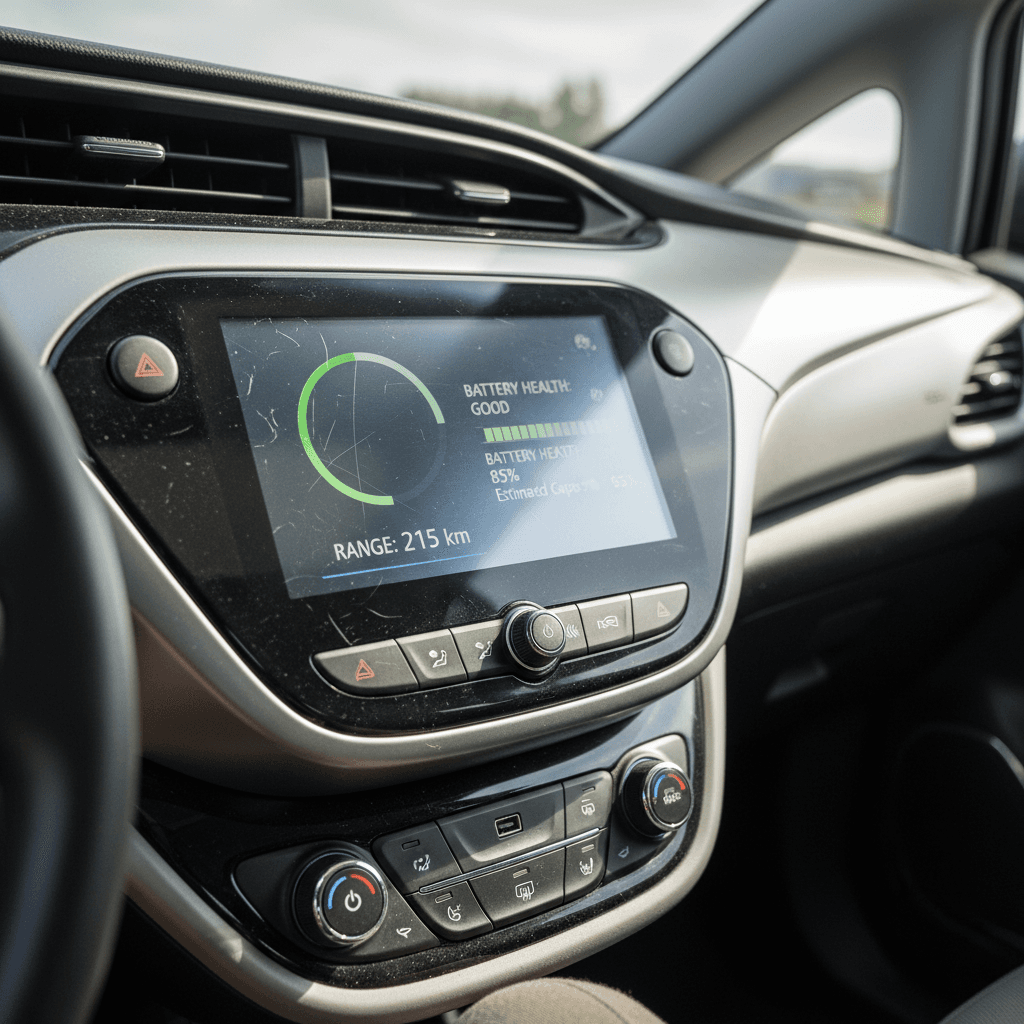 Chevy Bolt EV dashboard energy screen showing estimated range and efficiency used for a battery health check
