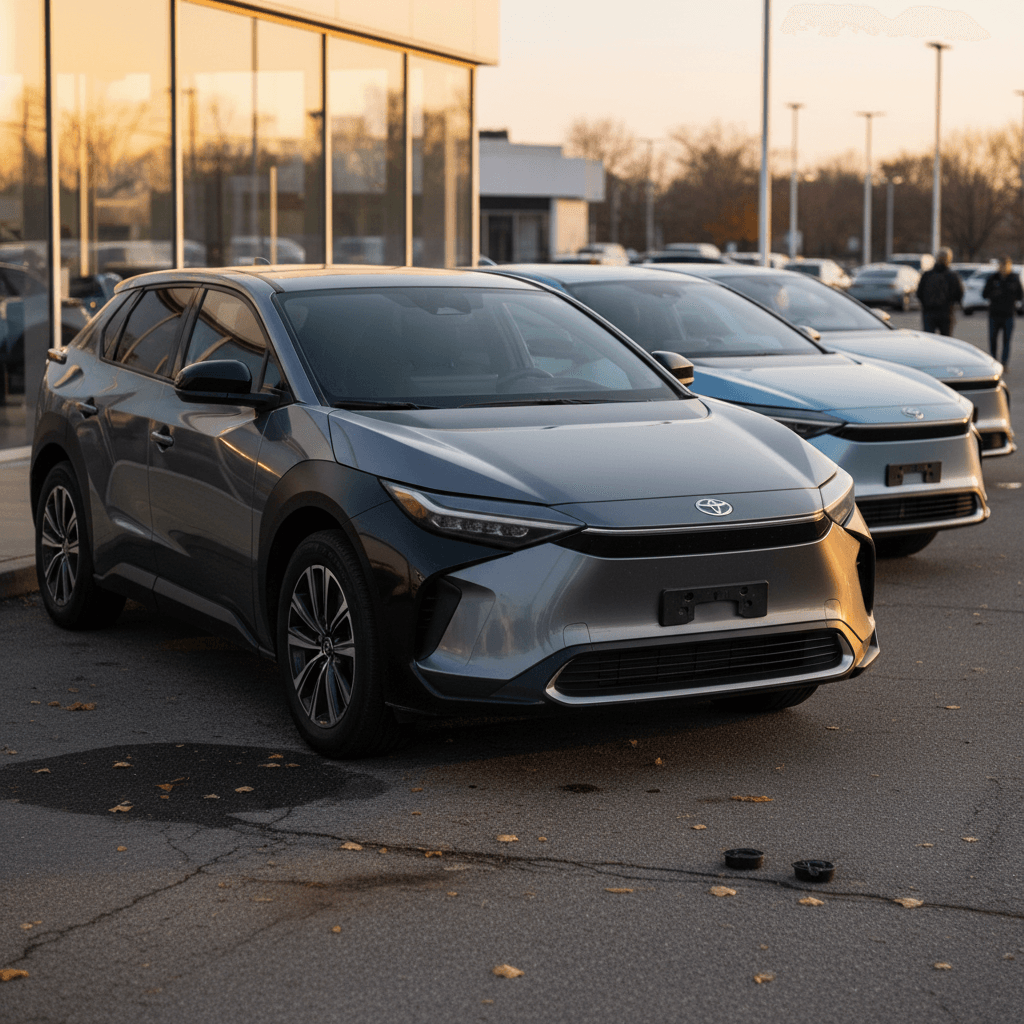 Row of used Toyota bZ4X electric SUVs parked on a dealer lot