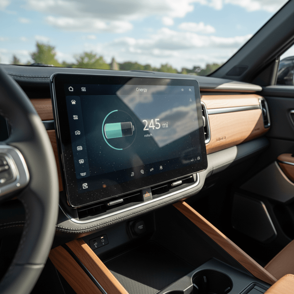Rivian R1S interior showing the central touchscreen energy display with battery state of charge and trip efficiency data