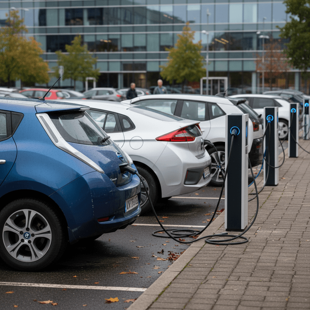Compact electric cars plugged into Level 2 workplace charging stations in a sunny parking lot