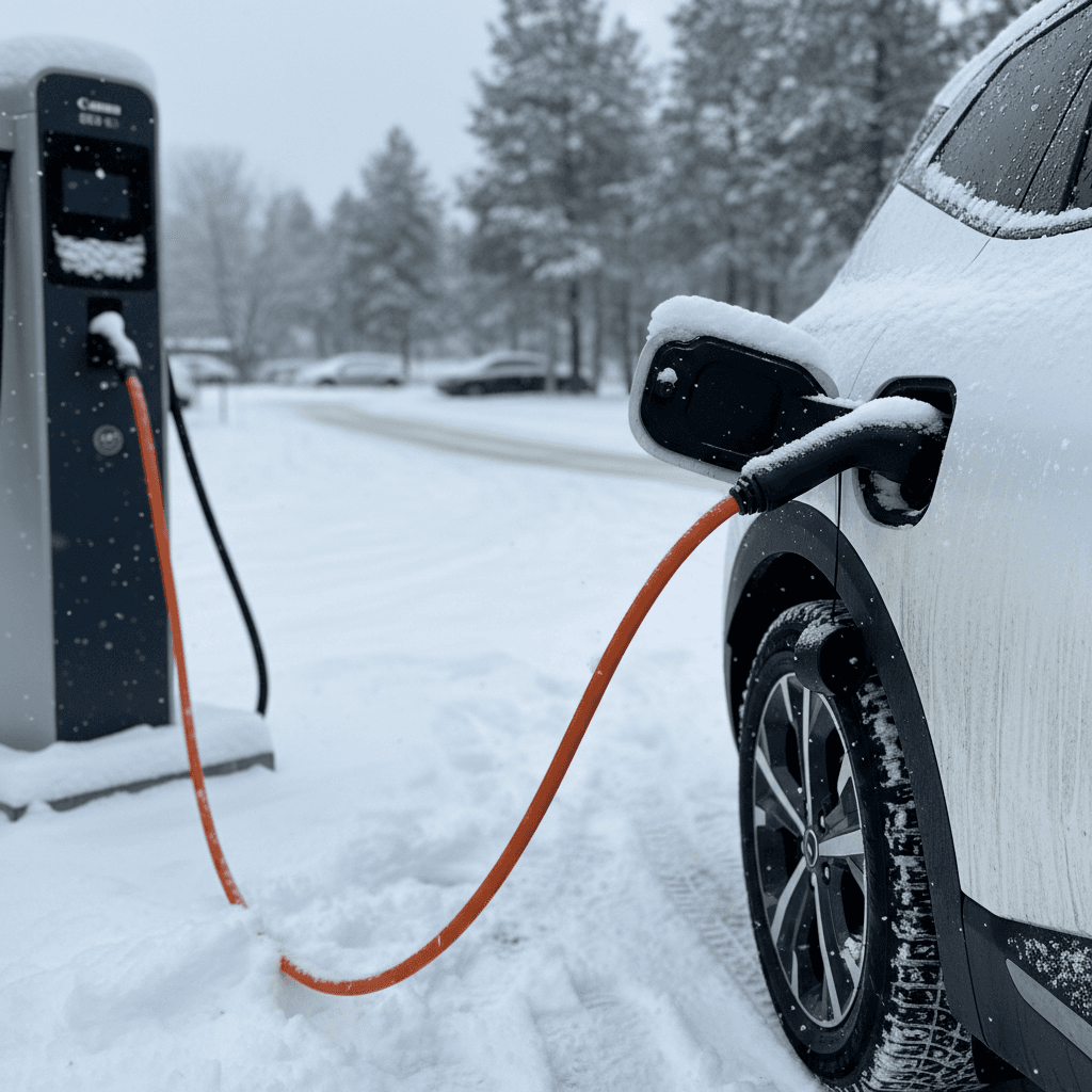 Kia EV9 plugged into a fast charger at a snowy roadside charging plaza