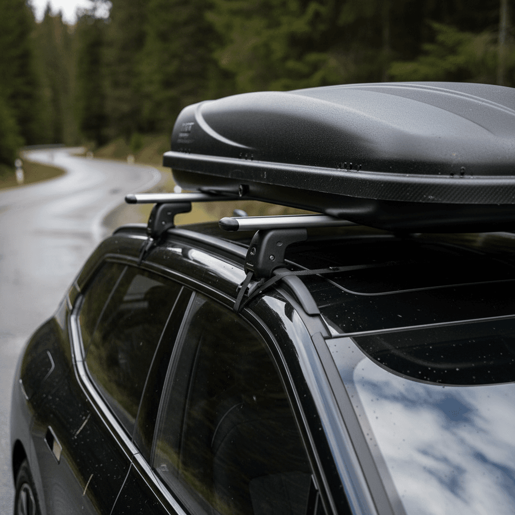 BMW iX roof rails and crossbars supporting a streamlined cargo box in a driveway