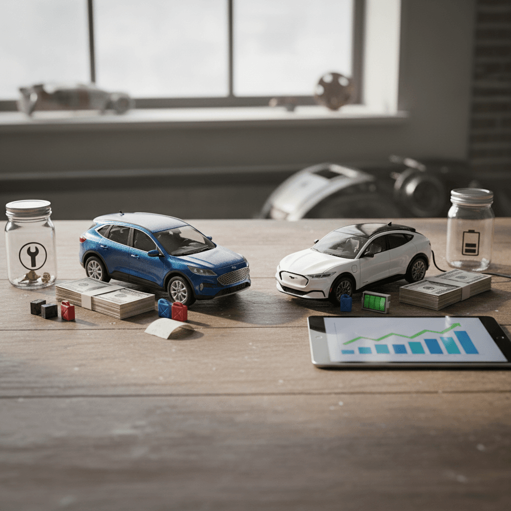 Illustration of cost comparison showing fuel and maintenance savings when switching from a Ford Escape to a Ford Mustang Mach-E