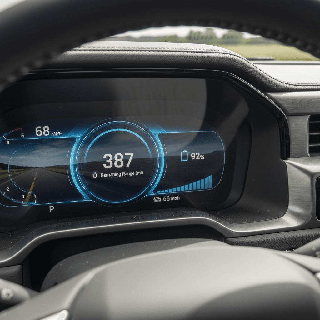 Chevy Silverado EV digital gauge cluster displaying remaining range and battery percentage while cruising on highway