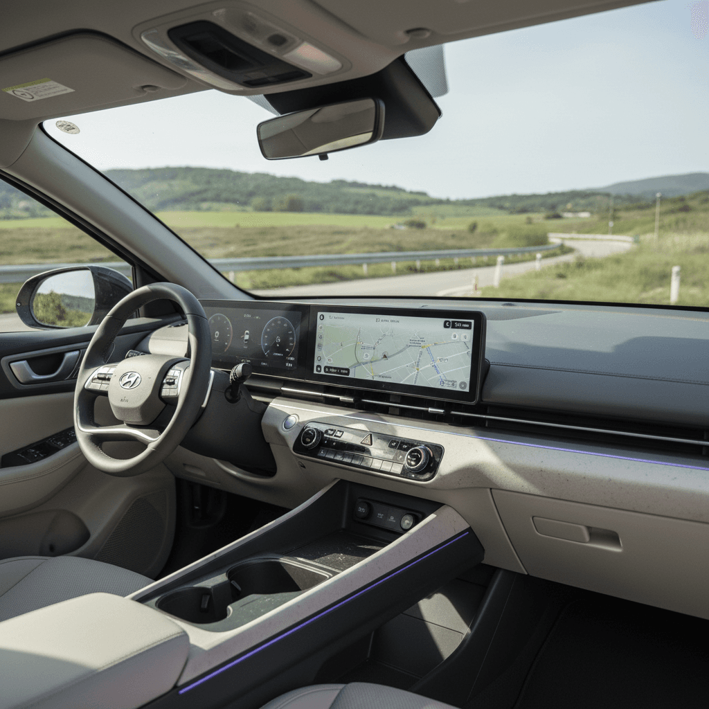 Upscale interior of a Korean electric SUV showing dual screens and ambient lighting