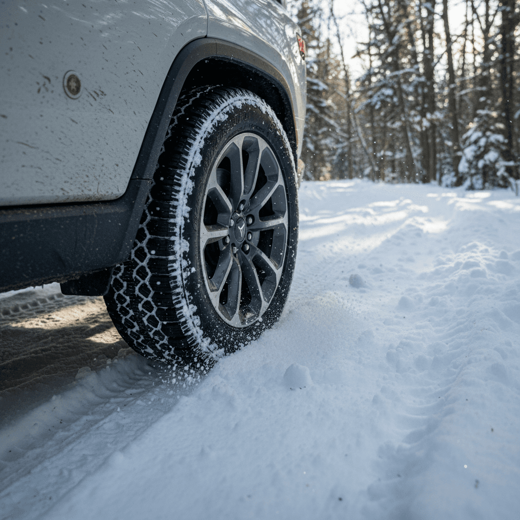 Close-up of a Rivian R1S wheel and winter tire biting into packed snow on a forest road