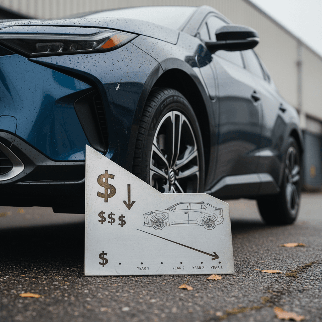 Illustration of a Toyota bZ4X next to a downward‑sloping value line representing depreciation over three years