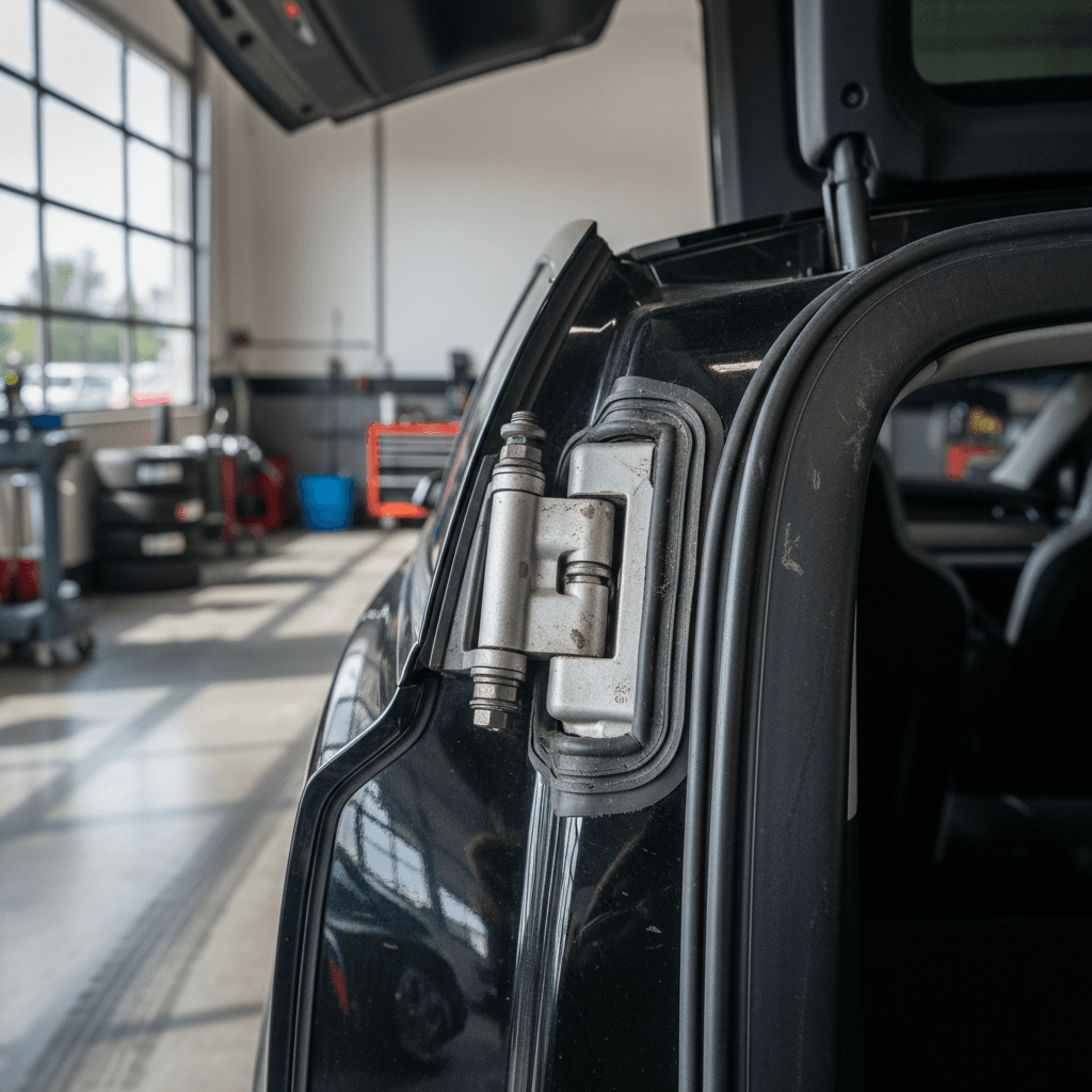 Technician inspecting a Tesla Model X falcon-wing door hinge and seals in a service bay
