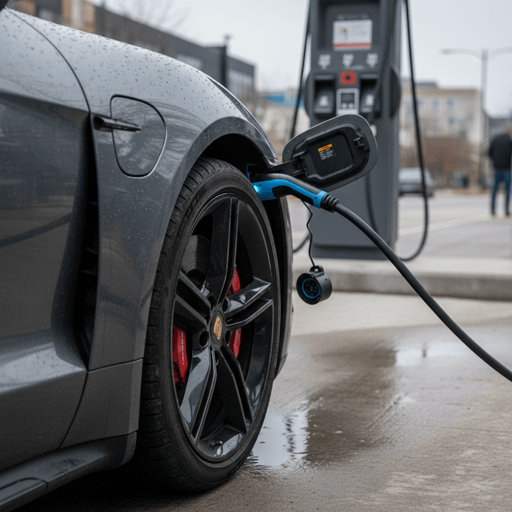 Porsche Taycan charging at a public DC fast charger, highlighting battery and charging reliability considerations