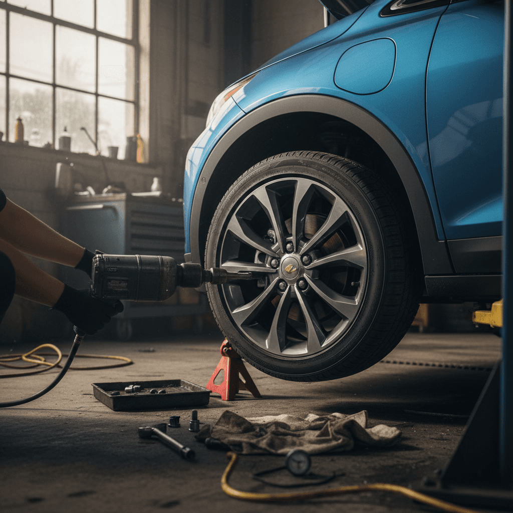Technician rotating the tires on a Chevrolet Bolt EUV in a service bay