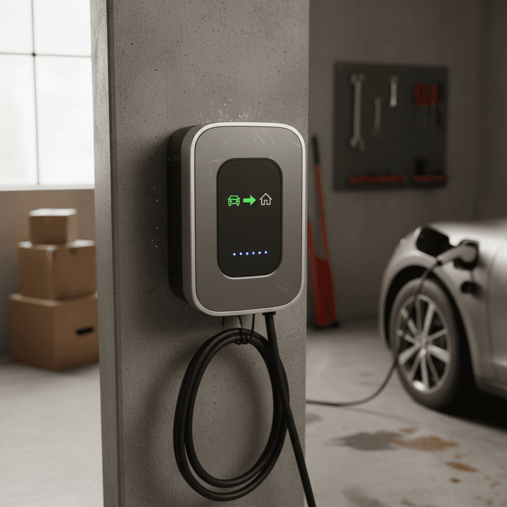 Bidirectional home EV charger in a residential garage showing vehicle-to-home power flow on its display