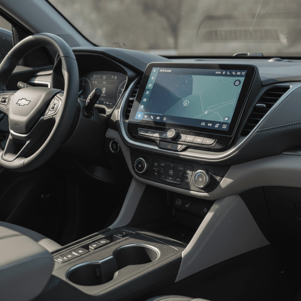 Modern electric SUV interior with large touchscreen navigation and digital gauge cluster