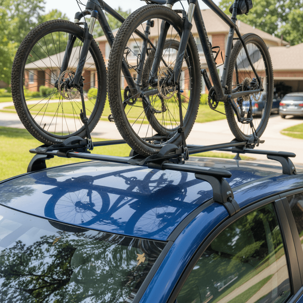 Nissan Leaf with roof rack and bikes mounted, illustrating roof load limits