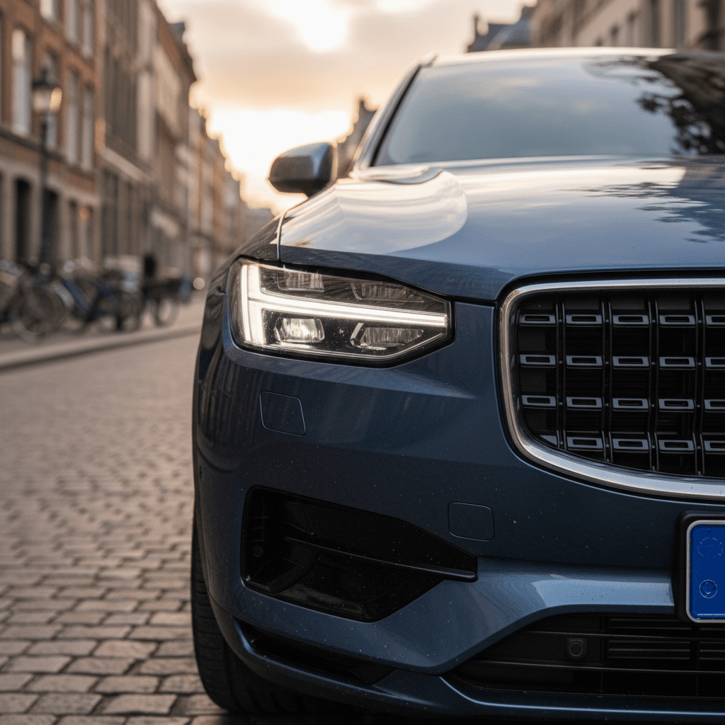 Sleek electric sedan driving on a highway at sunset, hinting at the premium Volvo ES90