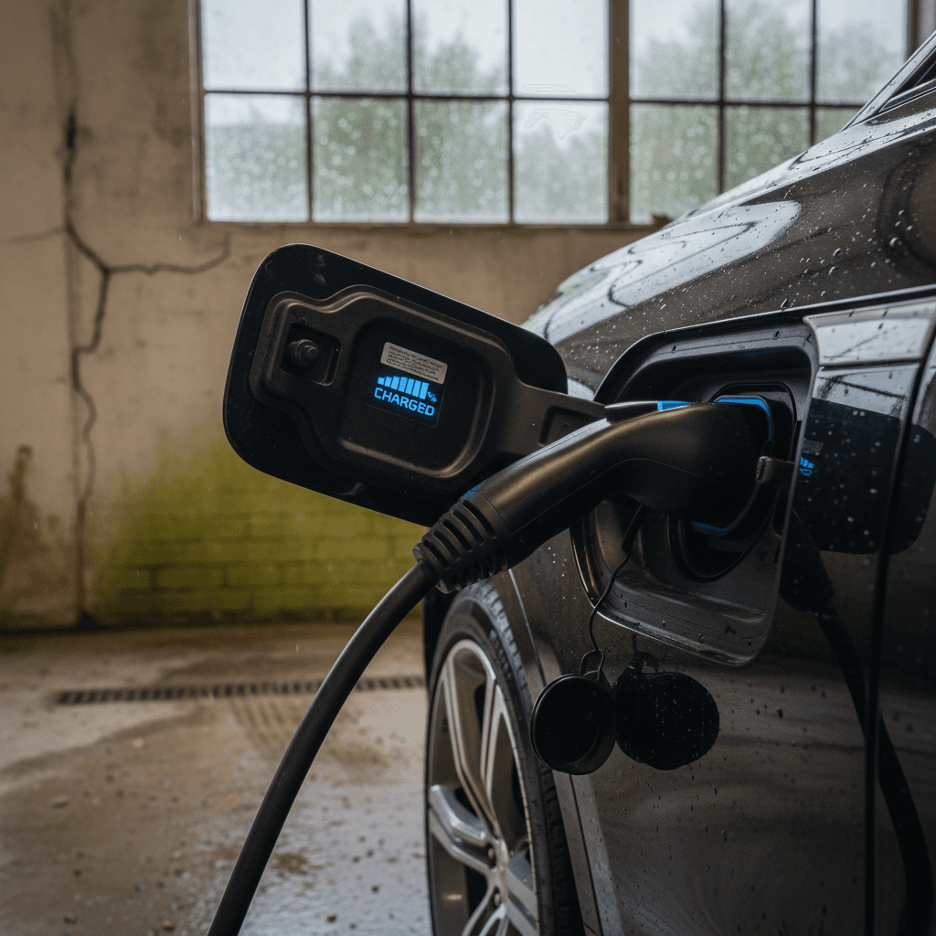 Cadillac LYRIQ charging at a public station with close-up of connector and battery status on the screen