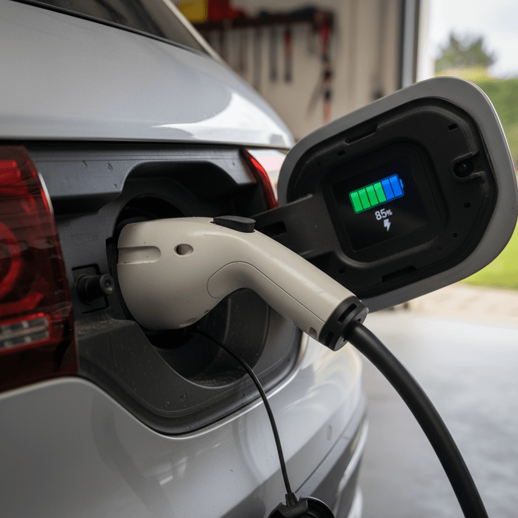 Mercedes EQB charging port and connector with battery status indicator on screen