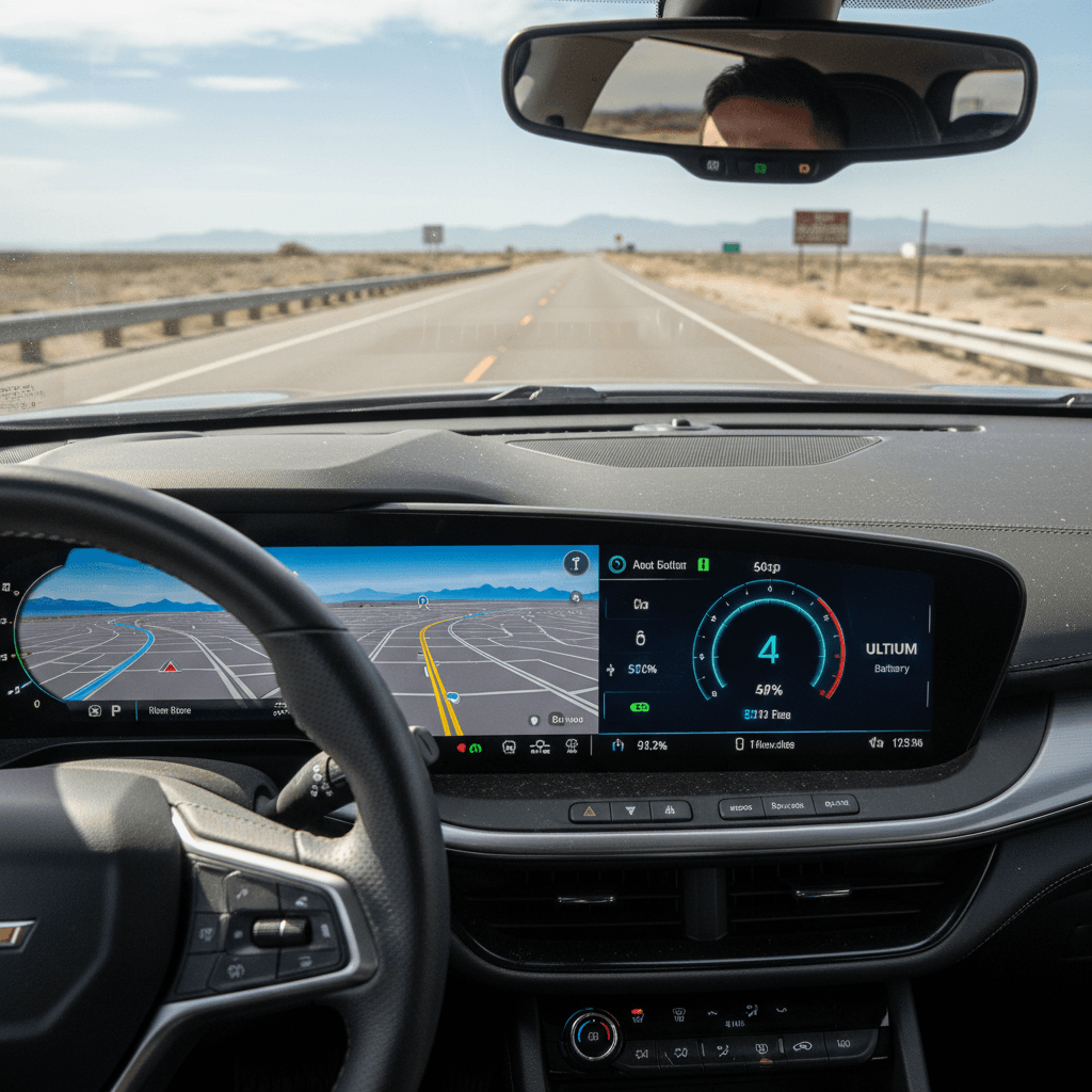 View from the driver seat of a Chevrolet Blazer EV showing navigation and energy consumption screens on a highway trip
