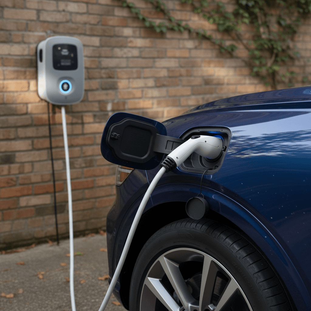 Genesis Electrified GV70 plugged into a home wall charger in a modern garage