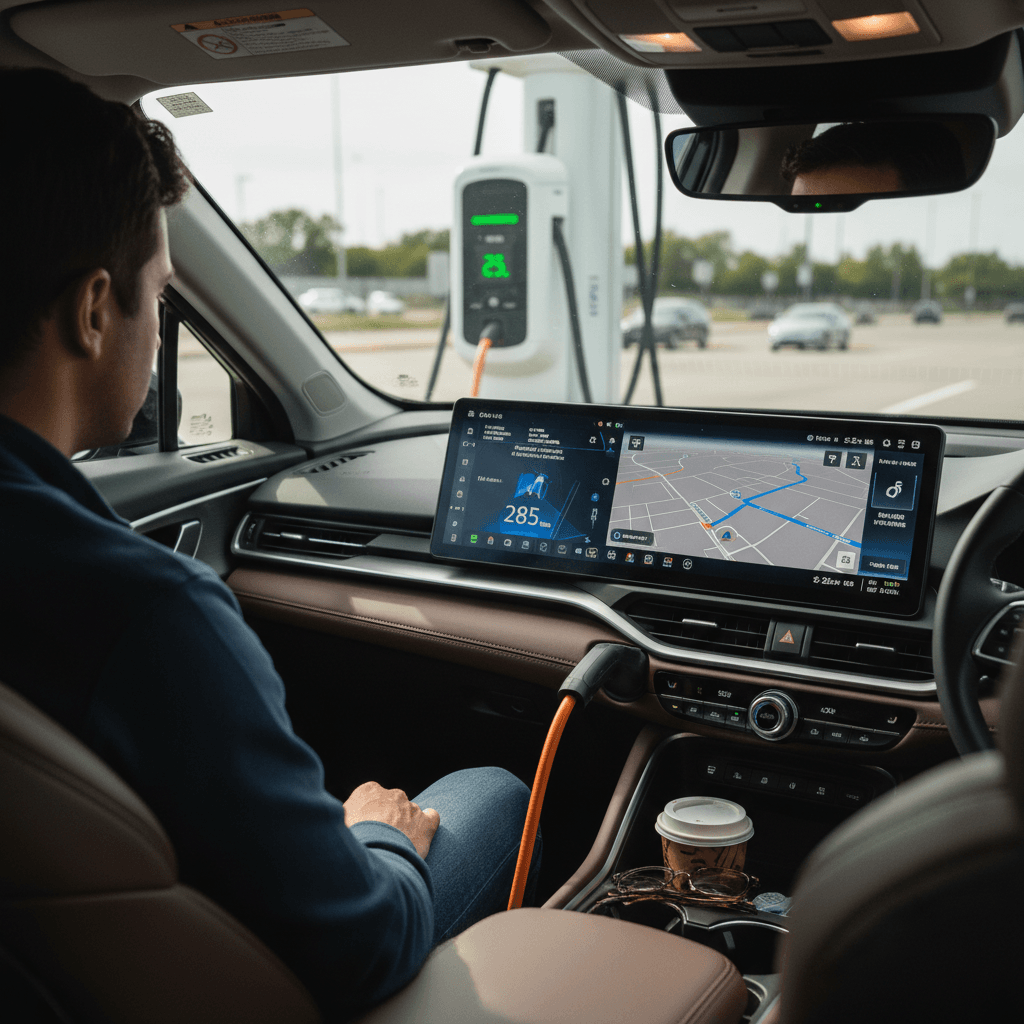 Driver in an Acura ZDX parked at a highway fast charger, checking route and charging status on the center touchscreen