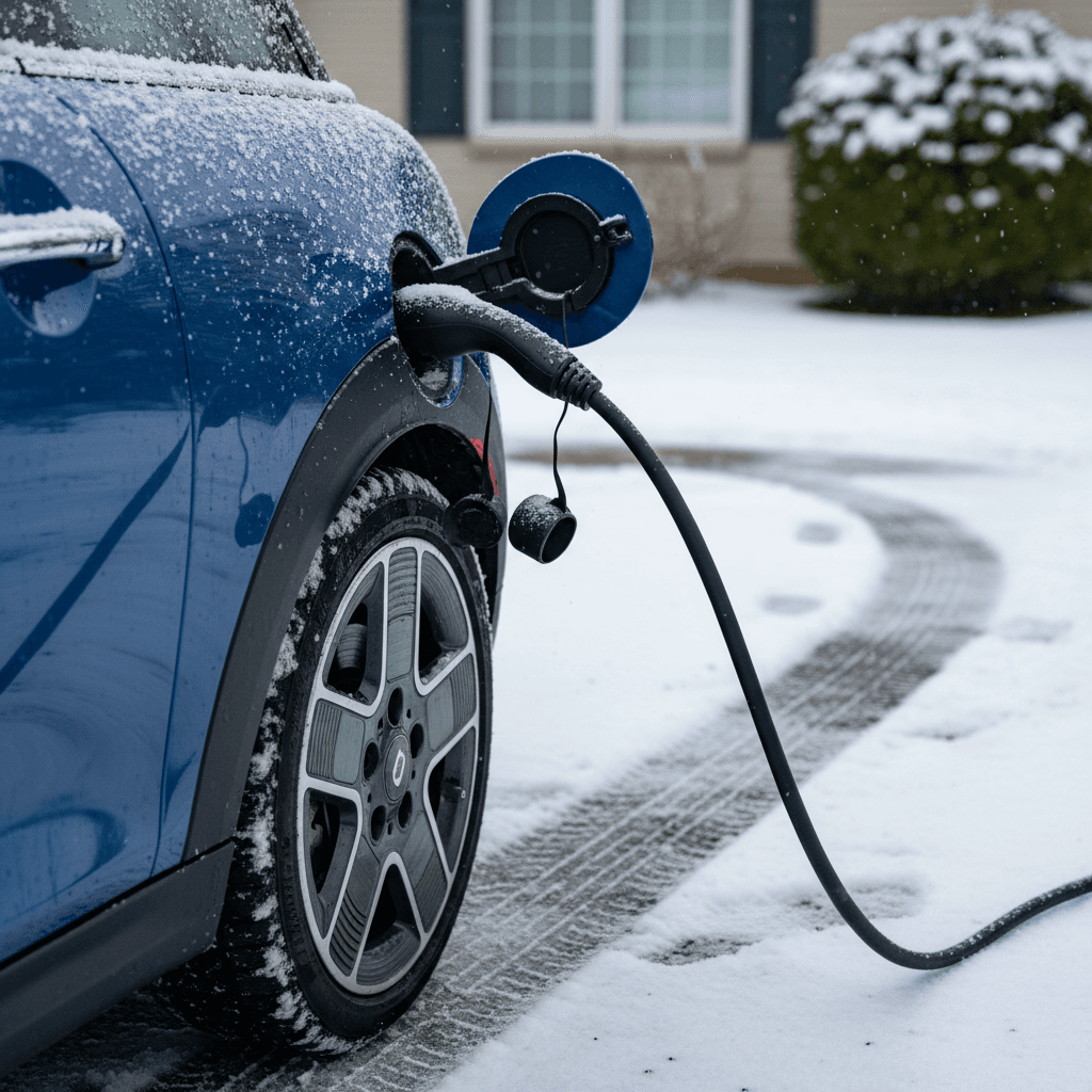 Mini Cooper SE plugged into a home Level 2 charger in a snowy driveway