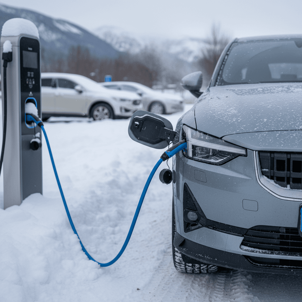 Polestar 2 plugged into a public charging station in a snowy parking lot, showing charging screen on the dash