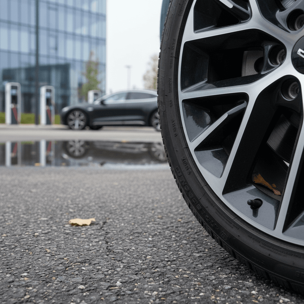 Closeup of modern tread pattern on an electric vehicle tire